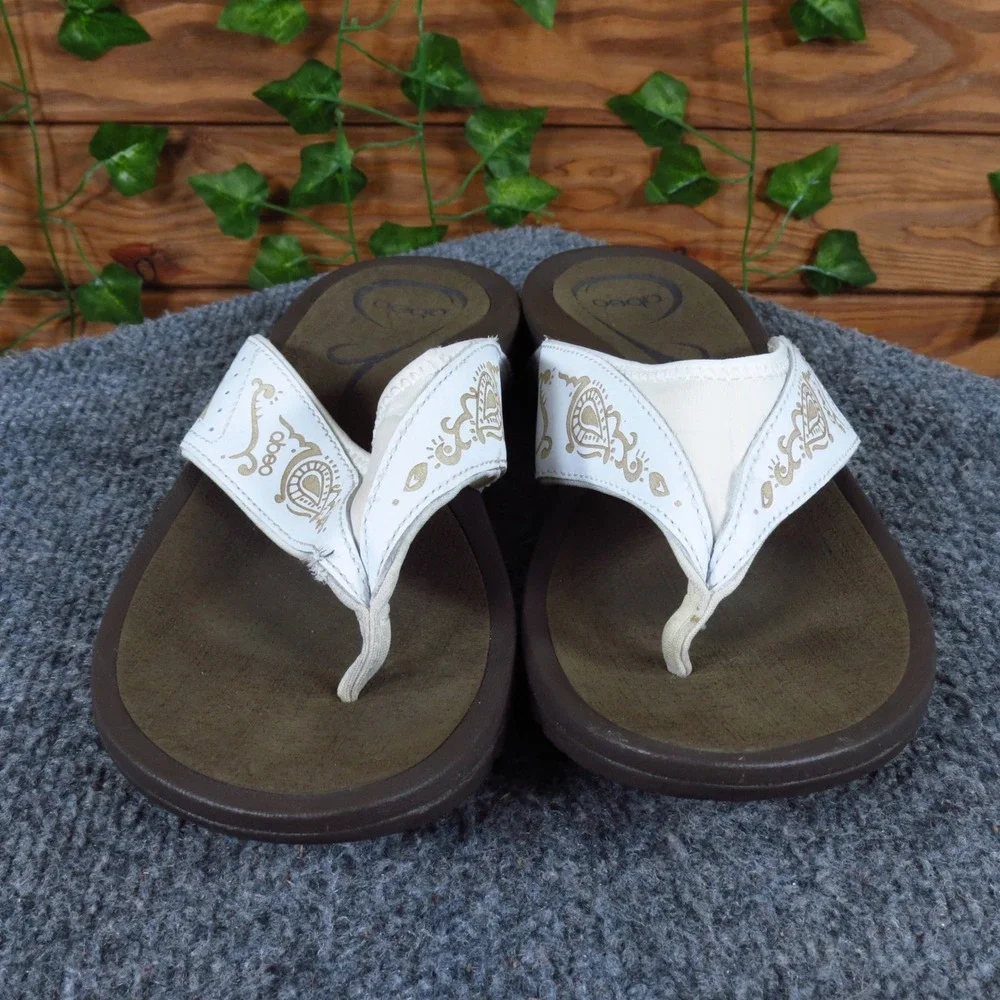 Abeo Balboa Women Thong Sandal 7.5N Walking White Leather Gold‎ Paisley